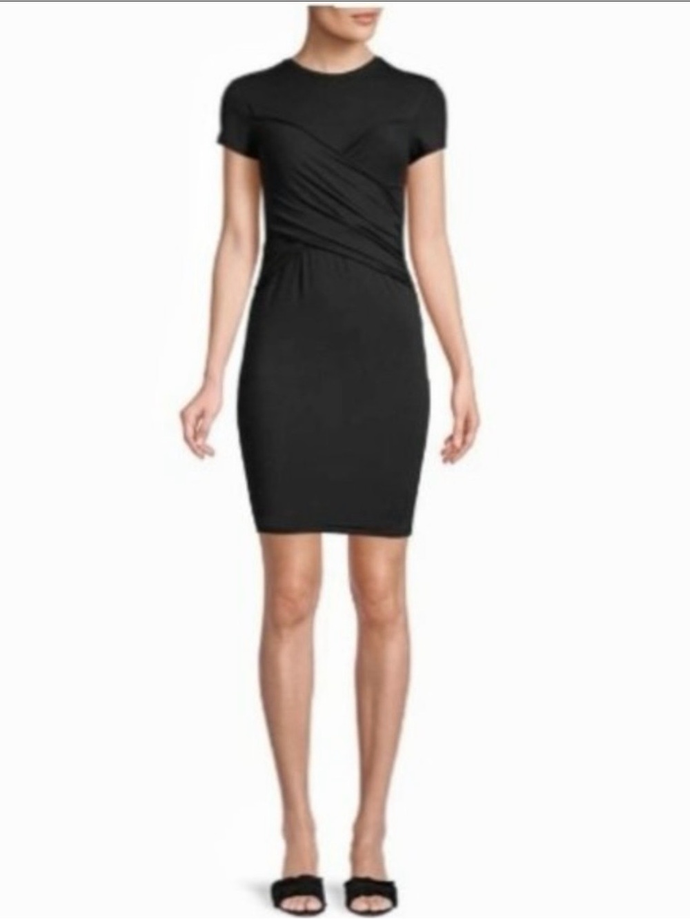 ATM Pima Cotton Short-Sleeve Cross Front T-Shirt Mini Dress Black Bodycon L